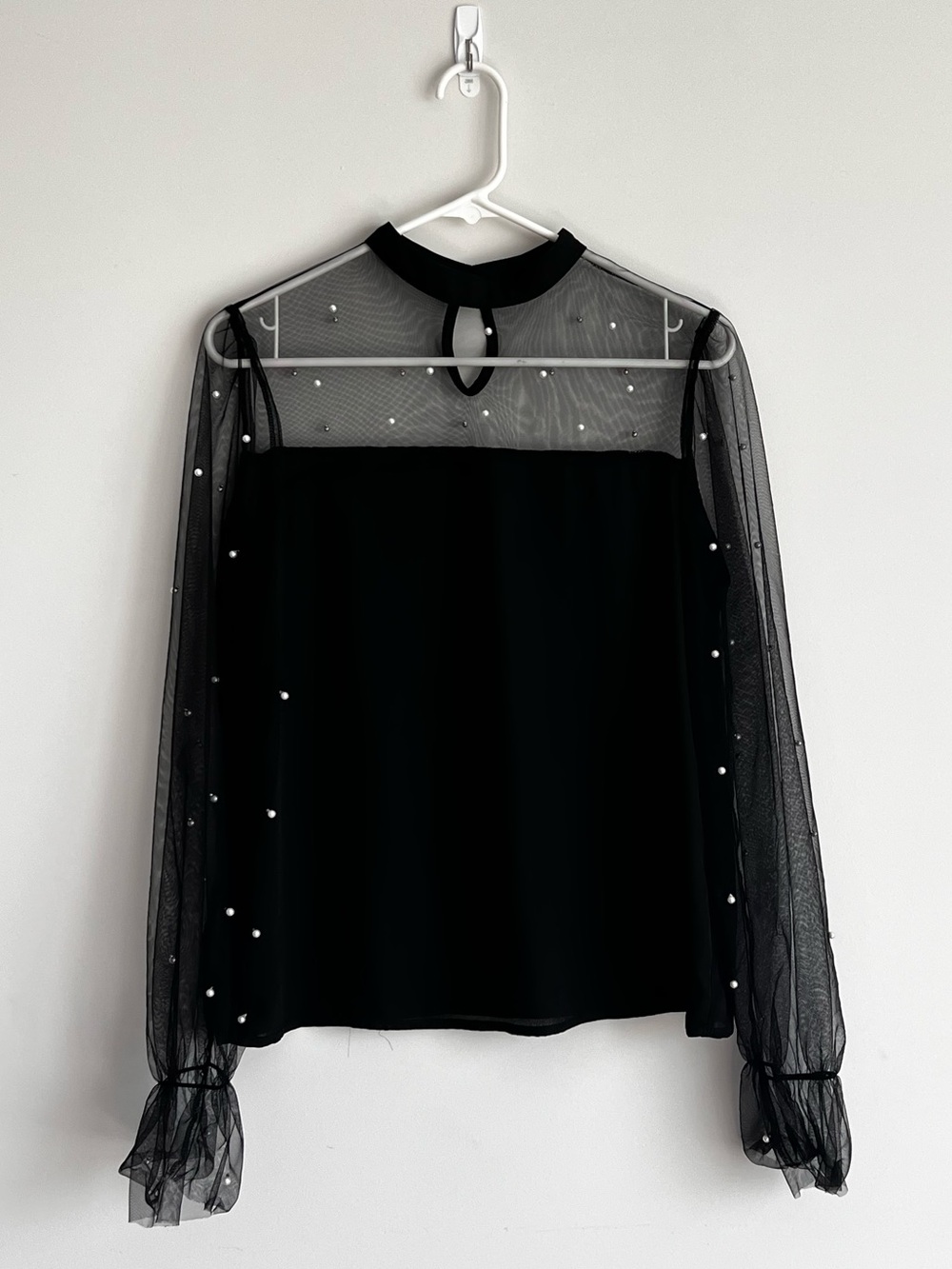 Sheer Pearl-Embellished Black Blouse